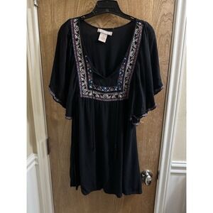 Flying Tomato Anthropologie Tunic Women's L Embroidered Black Peasant Tassel Top